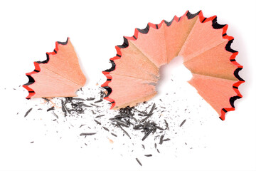 Curly Red Pencil Shaving and Graphite Dust Isolated on White Background