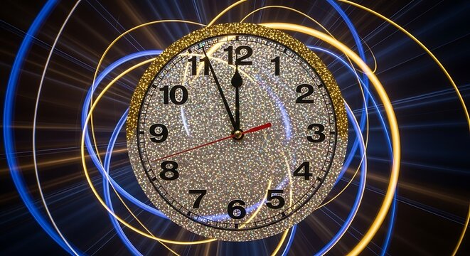 Abstract clock face with swirling light trails and time concept