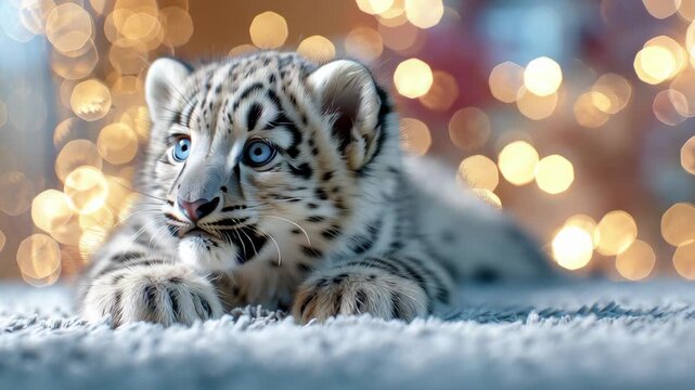 A baby tiger is laying on the ground. It has blue eyes and a pink nose. The tiger is surrounded by a blurry background. Snow Leopard cub on soft carpet with blurred lights
