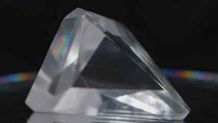 Prism and Light Spectrum: A triangular prism sits on a surface, dissecting and refracting light to create a vibrant rainbow spectrum, showcasing the wonders of light and optics.