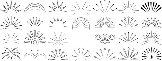Radiating burst icon set, decorative sunburst and starburst motifs, ornamental embellishment design, graphic illustration elements