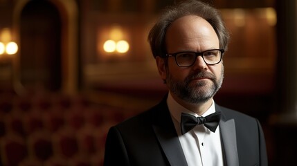 maestro. Orchestra conductor in formal attire, captured with dramatic lighting and intense focus. event programs, museum guides, designed for cultural heritage projects and event programs.