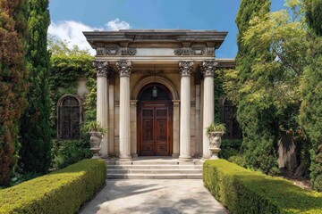 Obraz premium Elegant Entrance to a Classical Building Surrounded by Greenery.