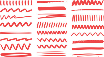 Red brush stroke icon set, textured line variations, artistic paint stroke design, abstract drawing tool illustration