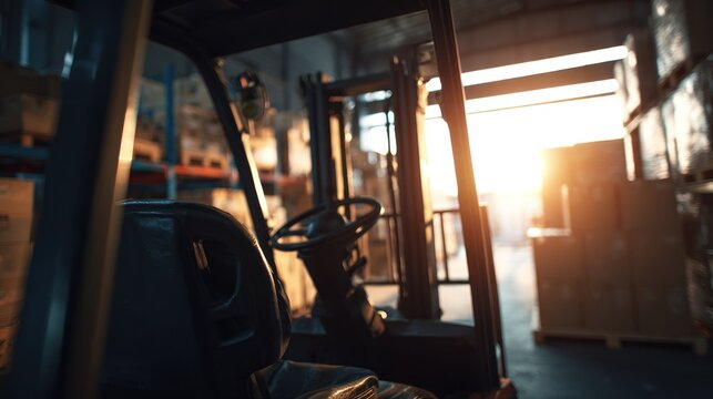 Forklift in warehouse with sunlight shining through the door.