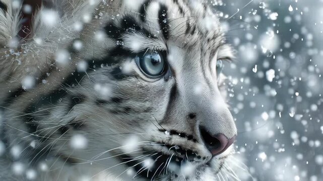 A white cat with blue eyes is looking at the camera. The cat is in the snow. Snow Leopard cub framed by soft snow-like particles