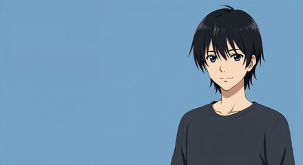 Anime character Portrait: An anime character with dark hair and a neutral expression against a simple blue backdrop, embodying youth, contemplation, and calm demeanor.
