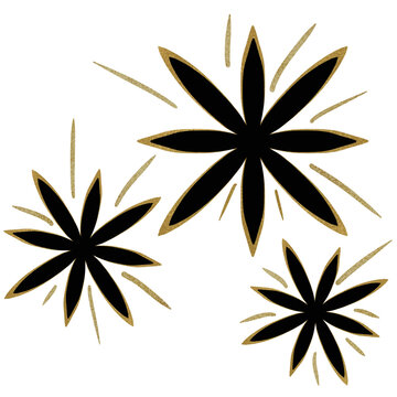 The black and gold floral and tree designs are intended for decorative illustration purposes.
