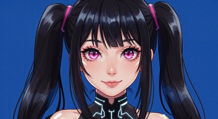 Radiant Persona: A captivating depiction of a young woman with a serene expression and vibrant pink eyes.  Her elegant hairstyle and graceful appearance capture the essence of charm and composure.