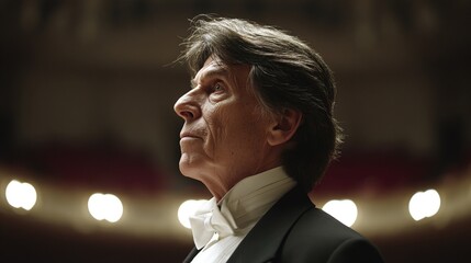 maestro. Orchestra conductor in formal attire, captured with dramatic lighting and intense focus. event programs, museum guides, designed for cultural heritage projects and event programs.