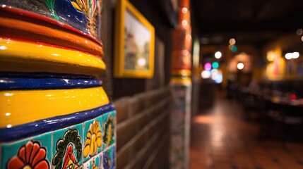 taqueria. Authentic Mexican restaurant interior featuring vibrant cultural decor and warm ambient lighting. event programs, museum guides, designed for cultural heritage projects and event programs.