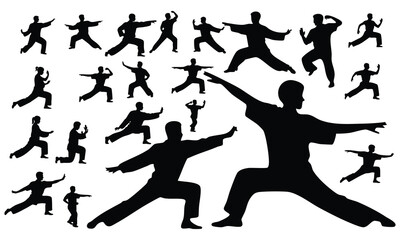 Tai Chi (Taijiquan) Exercise Silhouettes Collection, Black Silhouettes of People Performing Tai Chi Poses, Set of Various Martial Arts and Tai Chi Forms, silhouette, vector, illustration.