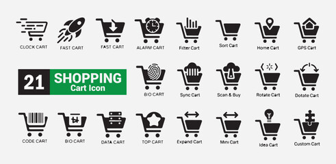 Shopping cart icon set with various concepts including clock, fast, alarm, filter, sort, and home