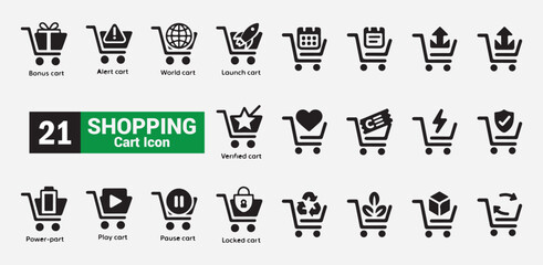 Shopping cart icon set with various symbols representing different functions and categories of carts