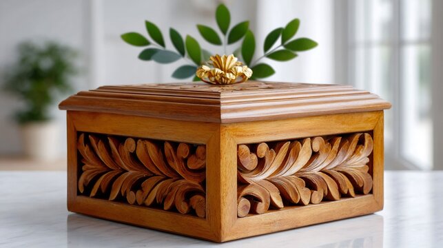 Handcrafted carved wooden box with leaf motif and ornament