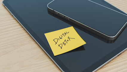 Digital detox sticky note on black tablet and phone screens. 3d rendering