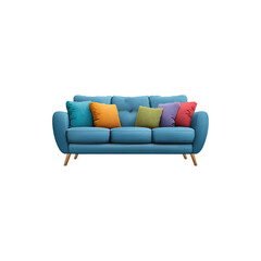 Comfortable Blue Sofa with Four Colorful Cushions, Modern Living Room Furniture Isolated on White Background for Interior Design and Home Decor Use