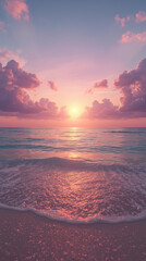 AI image of a sunset over a calm ocean with pastel color clouds reflecting on turquoise water