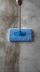 AI image of a person mopping a gray tiled floor with a blue flat microfiber mop. The scene shows a distinct contrast between the dirty and clean tiles