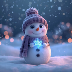 AI image of a cute snowman standing in a snowy winter landscape at dusk