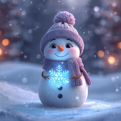 AI image of a cute snowman standing in a snowy winter landscape at dusk