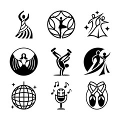 This dance-themed icon set features nine minimalist linear illustrations representing various dance styles and elements