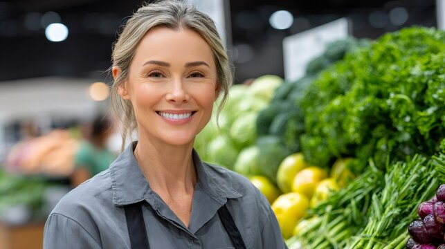 Female employee smiling in supermarket produce section