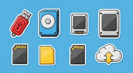 Digital storage devices icons on a blue background displaying different types of storage medium