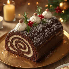 AI image of a dark brown cake illustration with chocolate ganache and powdered sugar