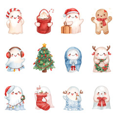 AI image of a large festive Christmas illustration featuring twelve cute kawaii ghosts, each with a different theme