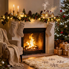 AI image of a warm aesthetic Christmas room featuring a cozy fireplace and white fur carpet