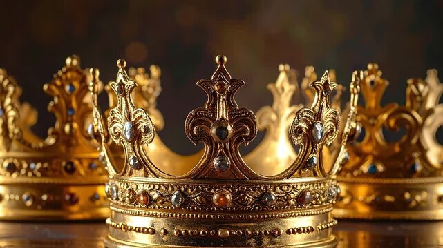Collection of Ornate Golden Crowns Adorned with Jewels and Gems on a Dark Wooden Surface with Soft Bokeh Lighting