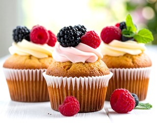 Delicious cupcakes with frosting and berries atop a white wooden surface
