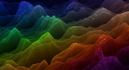Vibrant rainbow-colored mountain range landscape with a dark background and colorful gradient hues.