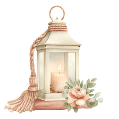Fototapeta premium Rustic lantern with candle macrame and florals soft boho romantic scene