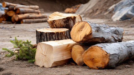 Chopped logs and firewood on construction site