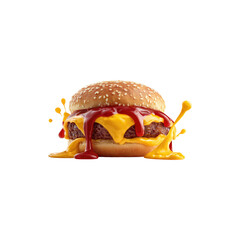 Splashes of Ketchup and Melted Cheese Flowing from a Cheeseburger, Juicy Gourmet Food Photography Isolated on White Background for Culinary and Creative Use