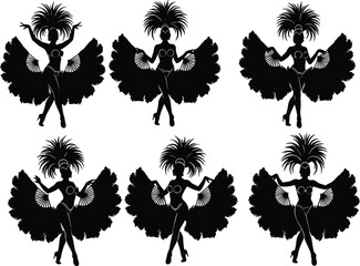 Black Silhouette Vector Set of Carnival Dancers Performers in Feathered Costumes and Headdresses Holding Fans Showcasing Festive Entertainment