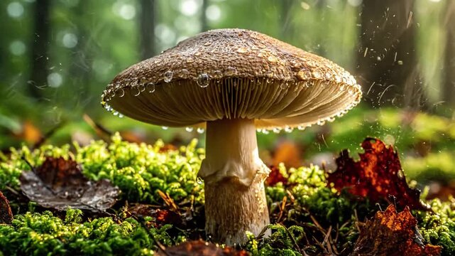 Detailed close up examination of a vibrant mushroom's cap, gills, and stem, revealing its intricate natural textures and patterns. Macro perspective