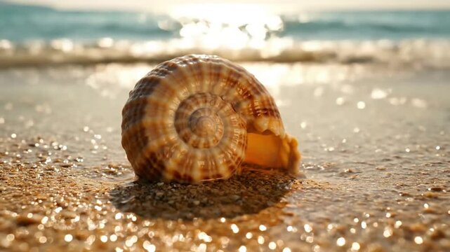 Explore the mesmerizing, spiraling geometry and delicate ridges of a pristine conch shell, highlighting its natural artistry and ancient design. close up, detailed