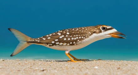 Hybrid avian aquatic species standing on sandy beach, a surreal fusion of animal features