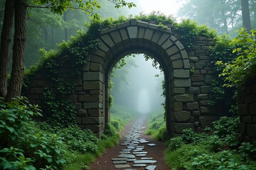 Stone arch overgrown with greenery and a path made of natural stone tiles going deep into the green forest, foggy morning in the park. Beautiful summer landscape.