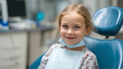 A cheerful young girl sits in a dental chair with a bright smile, wearing a mask and bib, ready for her dental appointment