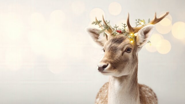 Adorable deer with antlers adorned with festive greenery and lights, set against a soft bokeh background, creating a whimsical holiday atmosphere for seasonal celebrations