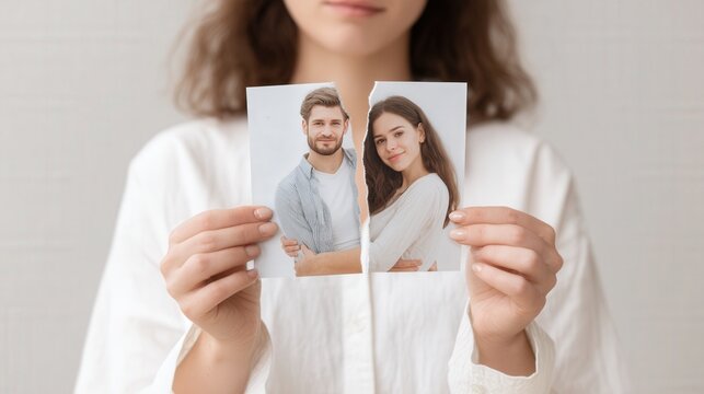 Woman holding torn photographs of couple, symbolizing emotional distress and heartbreak during divorce, with soft background and neutral tones, conveying a sense of loss and separation