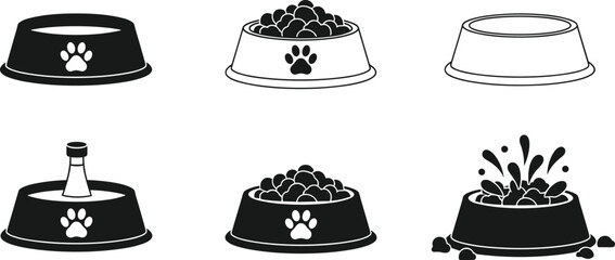 Dog Food and Water Bowl Icon Set, Pet Feeding Accessories, Black and White Flat Vector Illustration for Pet Shop and Veterinary Design
