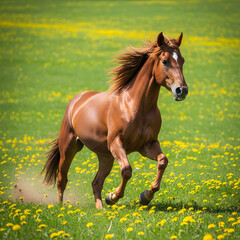 A horse running in the fields.
