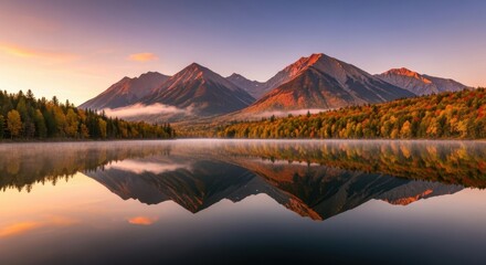 Reflective autumn mountain landscape mirroring still lake at dawn creating stunning visual harmony