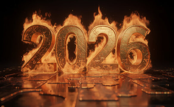 Bold "2026" numerals appear metallic and glowing with digital circuits, surrounded by bright flames on a reflective surface, conveying intensity and futuristic energy. - Powered by Adobe