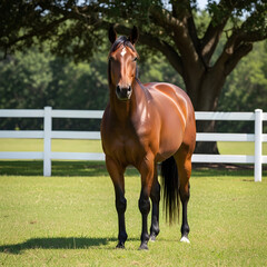 A brown horse standing in grass fields.
